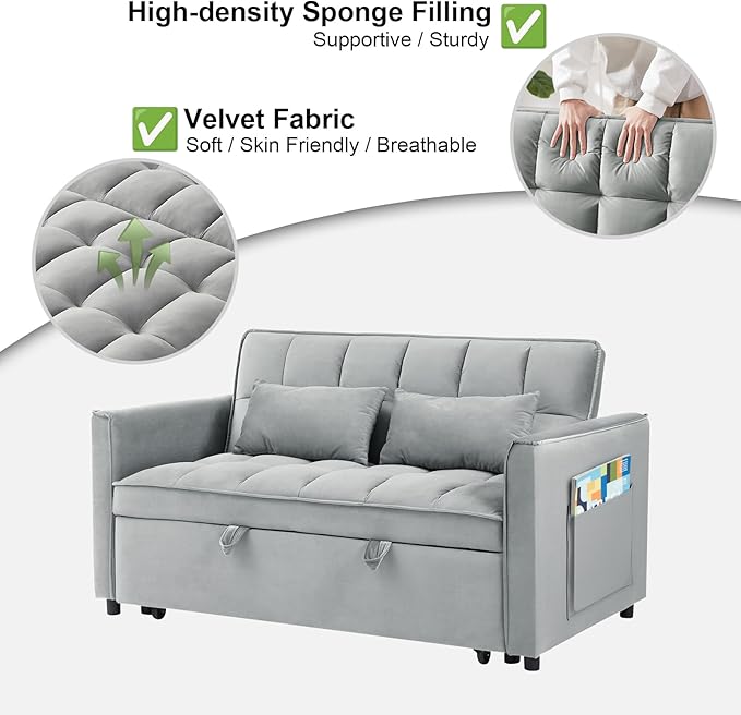 3 in 1 Convertible Sofa Bed Pull Out Couch with Adjustable Backrest Velvet Sleeper Sofa Loveseat with Pillows and Side Pockets for Living Room Bedroom Apartment Light Grey