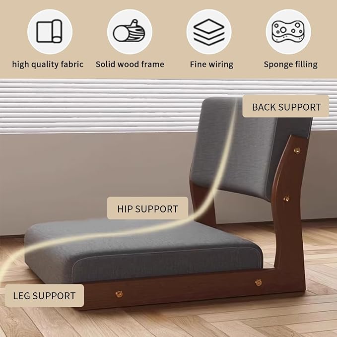 Floor Chair with Back Support Legless Wooden Tatami for Bay Window Living Room Bedroom Tea House Accent Japanese Style Seat with Thick Cushion