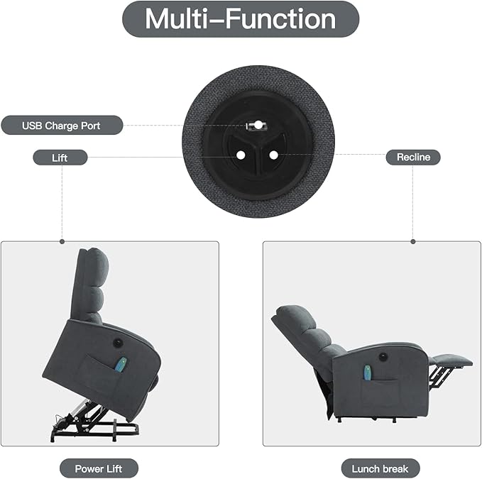 AVAWING Power Lift Chair with Heat and Massage for Elderly Fabric Electric Recliner Chair with Remote Control Side Pocket and USB Port for Living Room &amp Bedroom Grey
