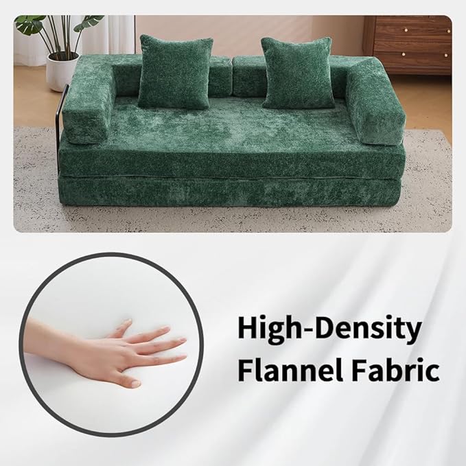 Convertible Sleeper Sofa Bed with Fixed-Shape Frame Floor Sofa Lounge Couch with Cylindrical Pillow Chenille Folding Mattress Couch for Living Room Bedroom-Dark Green