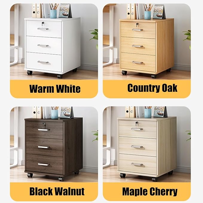 Rolling File Cabinet 3 Drawer Under Desk Wood Filing Cabinets for Home Office Organizer A4/Letter Files 14.5x13.4x23.2IN Locking Office Cabinet with Wheels Space-Saving(Gray)