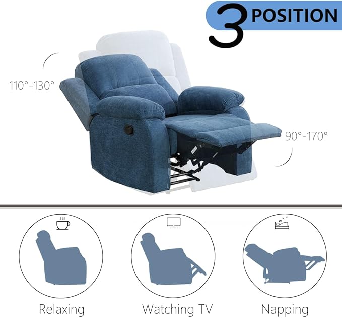 Upholstered Manual Recliner Modern Fabric Reclining Chair Single Reclining Sofa Chair with Comfortable Armrest and Backrest Recliner Furniture for Living Room/Meeting Room/RV Car Blue