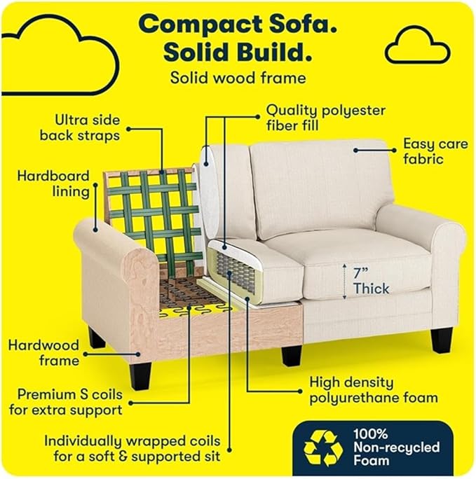 BOWERY HILL 61 Rolled Arm Loveseat Sofa Beige Upholstered Anti-Pilling Polyester Fabric Removable Covers Compact Space-Saving Design Solid Wood Frame Modern Classic Style for Living Room or