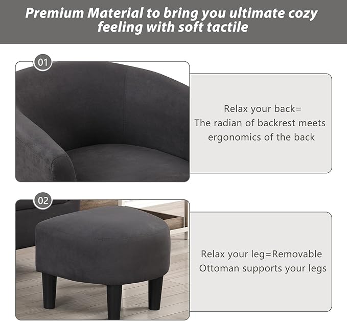 INZOY Modern Accent Chair with Ottoman for Small Space Club Chair with Ottoman Set Comfy Fabric Barrel Reading Chairs for Living Room Bedroom Round Reading Chair with Foot Rest Dark Grey
