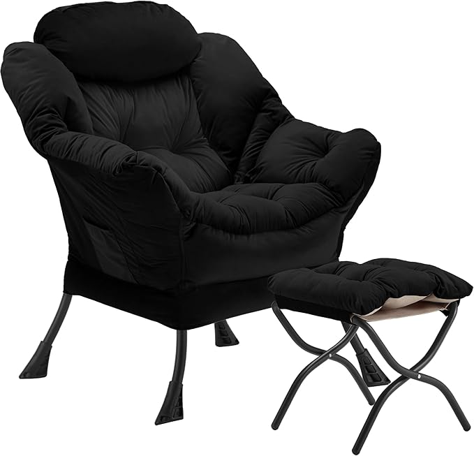 Lazy Chair with Folding Ottoman Accent Chair Velvet Upholstered with Metal Structure and Non-Slip Pads Sofa Armchair with Footrest and Side Storage Bag for Dorm Room Office Black