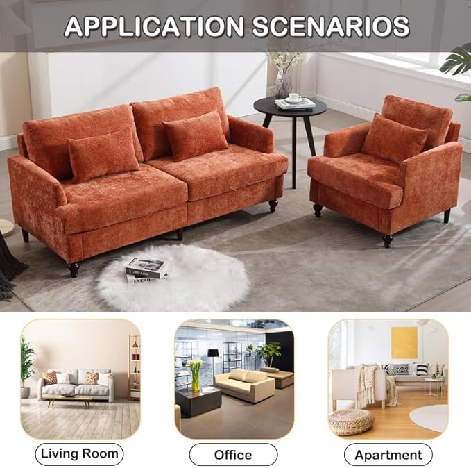 2 Pieces Sofa Couch Set for Living Room 68'' Mid Century Modern Loveseat and Accent Chair Set Chenille Sofa Comfy Cloud Couch with Deep Seats for Small Spaces Apartment Bedroom Orange