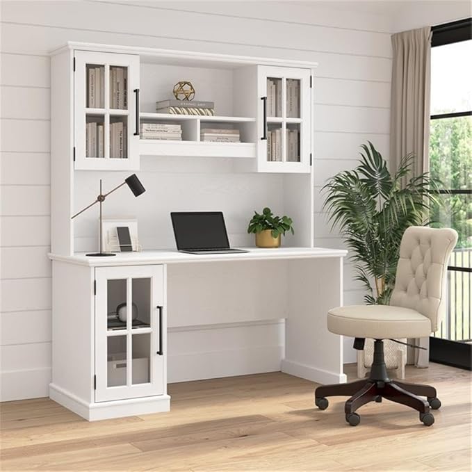 BOWERY HILL Modern 60W Computer Desk with Hutch White Ash Finish Storage Cabinet with Glass Doors Adjustable Shelves Matte Black Handles Home Office Desk Spacious Work Surface
