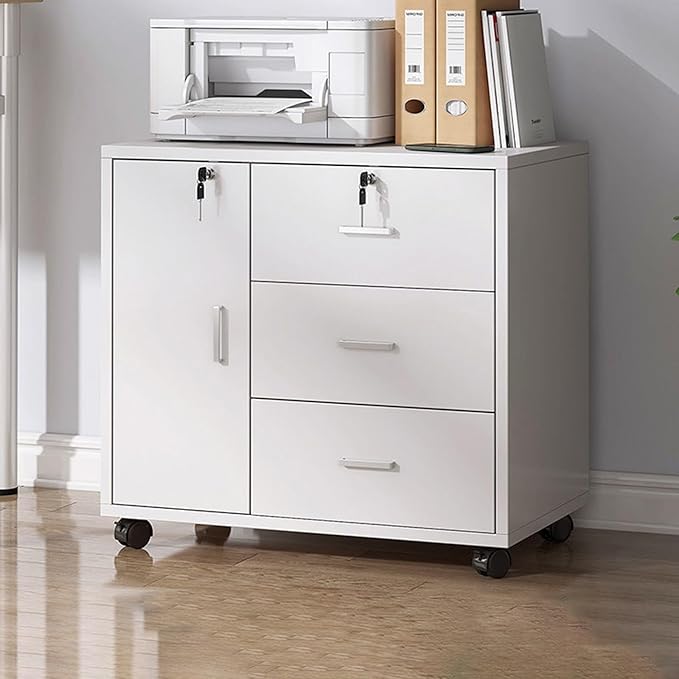 Mobile File Cabinet Under Desk File Cabinet with 3 Drawers 1 Door Lockable Office Filing Cabinet with Wheels Wood Storage Rolling Cabinet for Home Office 60 * 37 * 57CM