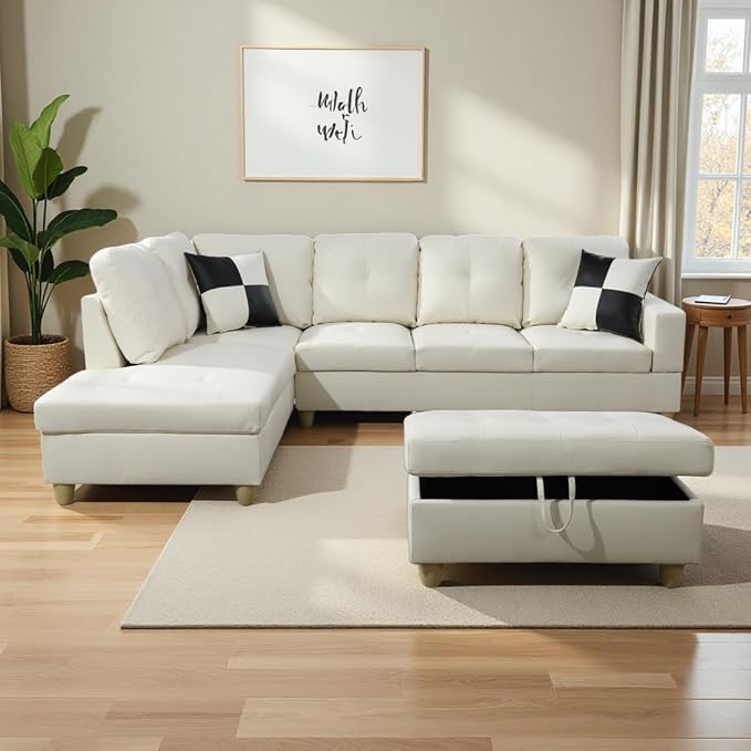 Sectional Sofa Couch with Storage Ottoman Modern L-Shaped Couch Modular Sectional Sofa Set Faux Leather Corner Chaise Lounge for Living Room Apartment Office (Left Chaise Cream White)