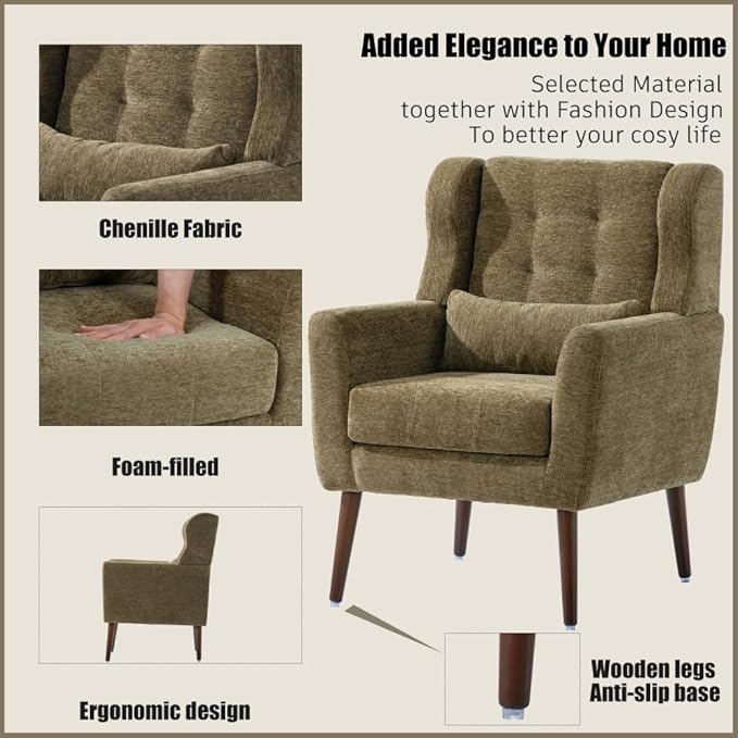 Modern Accent ChairChenille Arm Chairs for Living RoomUpholstered Mordern ArmchairComfy Soft Padded Lounge Chair in Small Space Bedroom w/Pillow Solid Wood Leg (Olive Green + Chenille)