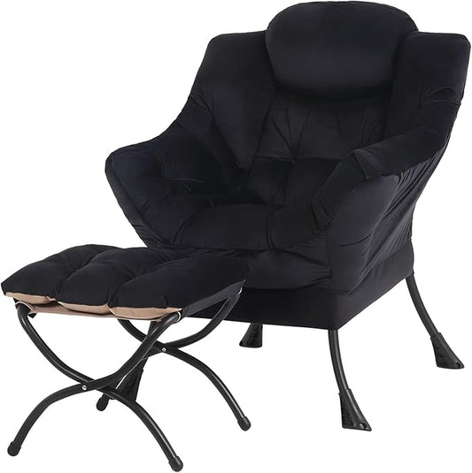 Tiita Lazy Chair with Ottoman Black Modern Large Accent Chair Comfy Leisure Sofa Armchair with Ottoman Reading Chair with Footrest for Bedroom Living Room Dorm Rooms Velvet Black