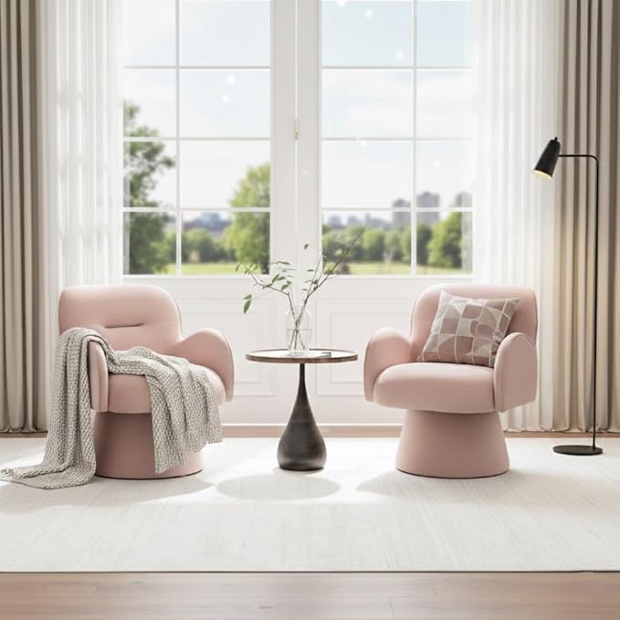 Swivel Chair with Armrest Modern Velvet Barrel Chairs with Curve Back Soft Cushion Comfy Accent Round Armchair Single Sofa for Living Room Bedroom Pink