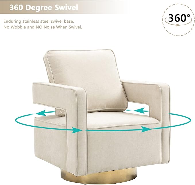 Betoko Swivel Accent Barrel ChairModern Open Back Armchair with Gold Metal BaseChenille Upholstered Club Chair with Pillow for Living Room (Beige)