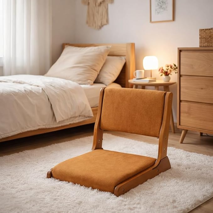 HollyHOME Foldable Japanese Style Floor Chair with Back Support Tatami Chair with Cushion Meditation Seat for Bay Window Living Room Bedroom Pumpkin Color
