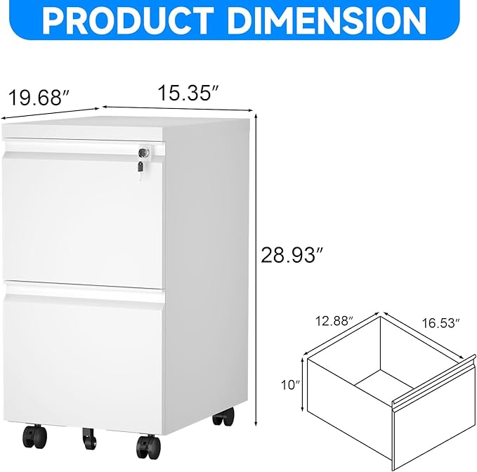 2 Drawer File Cabinet with Lock Metal Mobile Filing Cabinet on Wheels Compact Desk Side Storage Cabinet for Home Office Letter/Legal/A4 File Organizer with Anti-Tip Wheel (White)