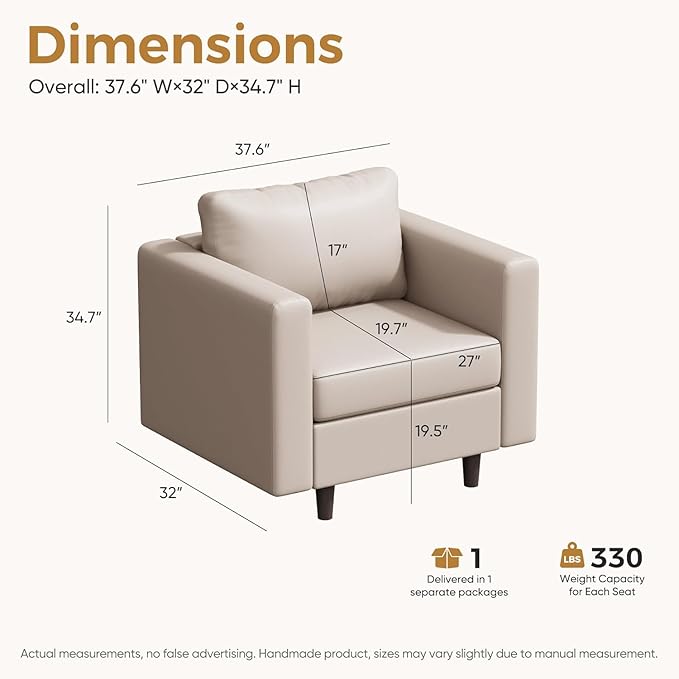 ABCASA Faux Leather Oversized Accent Chair with Storage Deep Seat Single Sofa Large Reading Armchair for Living Room Bedroom Office Whitesand