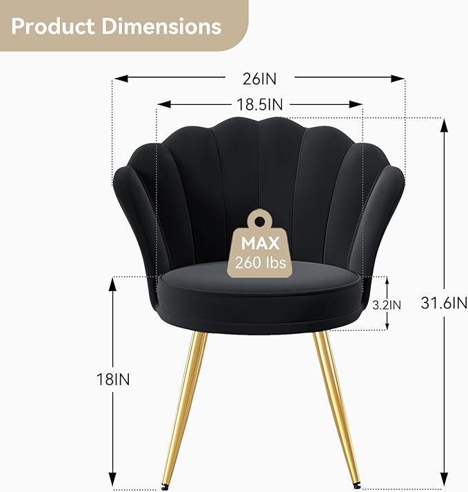 Velvet Accent Chair with Gold Metal Legs Vanity Chair for Makeup Room Upholstered Guest Chair for Living Room for Bedroom Black