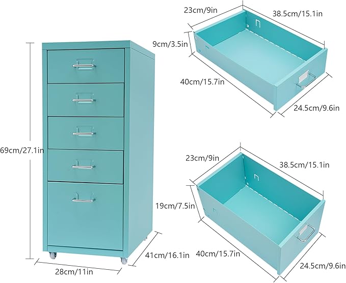 5 Drawer File Storage Cabinet 27 Inch Metal Freestanding Office File Cabinet Drawer Organizer with Wheels Mobile Vertical Storage Cabinet for Bedroom Living Room Office Study (Blue)