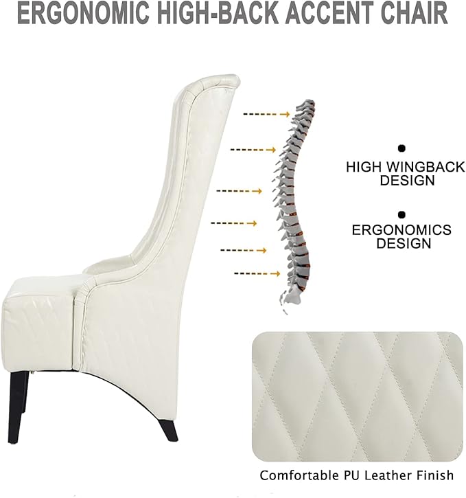 Henf 22 Wide Upholstered Wingback Accent Chair PU Leather Living Room Chair Modern Side Chair Leisure Chair High Backrest Indoor Single Sofa with Solid Wood LegsWhite