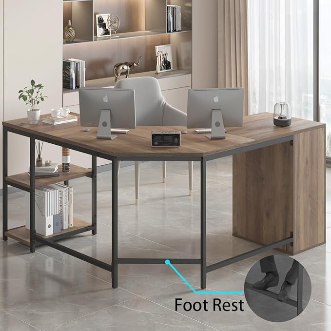 LVB Rustic L Shape Computer Desk with File Cabinet Reversible Corner L-Shaped Desk with Drawers Storage Shelf Modern Large Wood L Shaped Work Study Writing Gaming Desk Table for Home Office 60 in