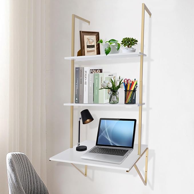 3 Tier Wall Mount Desk 39 Ladder Desk for Small Space Industrial Desk Floating ShelvesComputer Laptop Desk with ShelvesIndustrial Shelf Wall Mount Floating Pipe Table with Storage