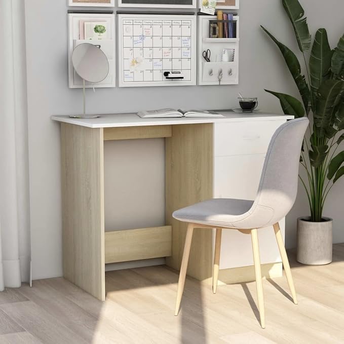 Modern Writing Computer Desk with a Drawer and a Door Home Office Desk Writing Study Table PC Desk Workstation for Bedroom White and Sonoma Oak 39.4x19.7x29.9 Engineered Wood(E)