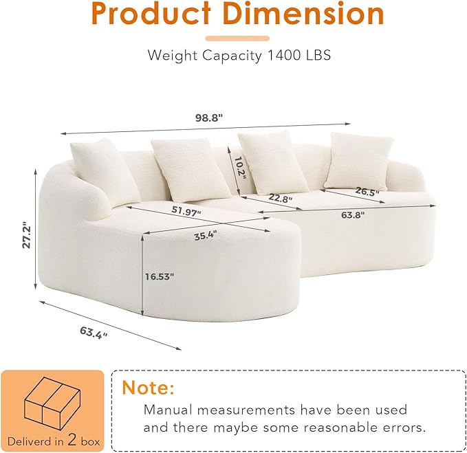 Curved Sectional Sofa Couch Oversized L Shape Deep Seat Cloud Couch Modern Chenille 4-Seater Sofa with Chaise No Assembly Required Couches for Living Room Apartment Office Beige White