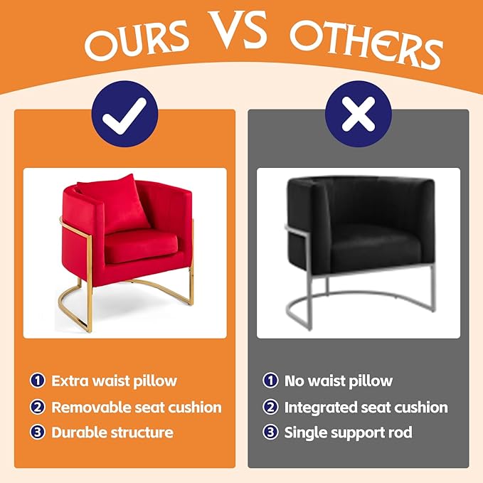 Modern Velvet Accent Chair with Lumbar Pillow Mid-Century Upholstered Barrel Armchair for Living Room Bedroom Single Sofa Club Reception Chair with Golden Metal Legs Rose Red