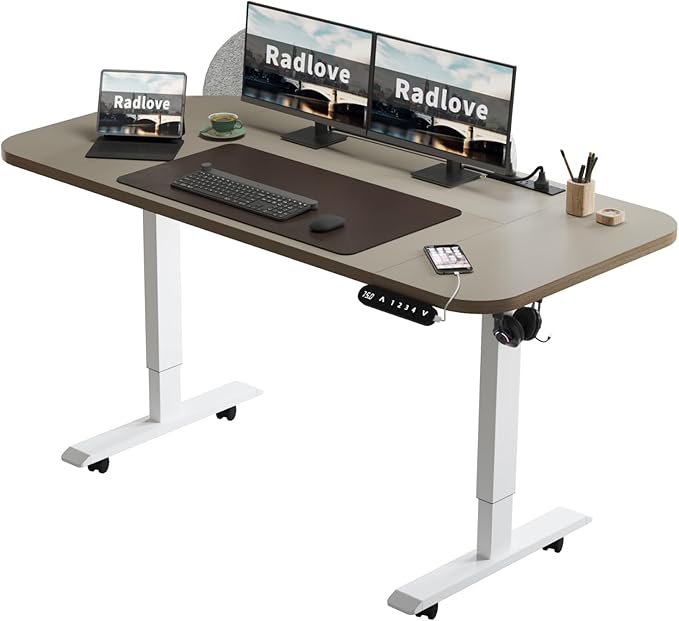 Radlove Electric Standing Desk 63 x 30'' Ergonomically Curved Desktop with Outlet Lockable Casters 4 Memory Keys Easy to Set Home Office Desk Beige Top White Frame Grey Privacy Panel
