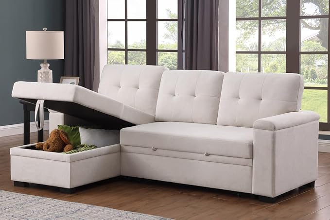 Lilola Home Convertible Sectional Sleeper Sofa Bed 85 Inch L Shaped Couch with Pull Out Bed Storage Chaise Removable Back Cushions for Living Room Office Woven Fabric Beige