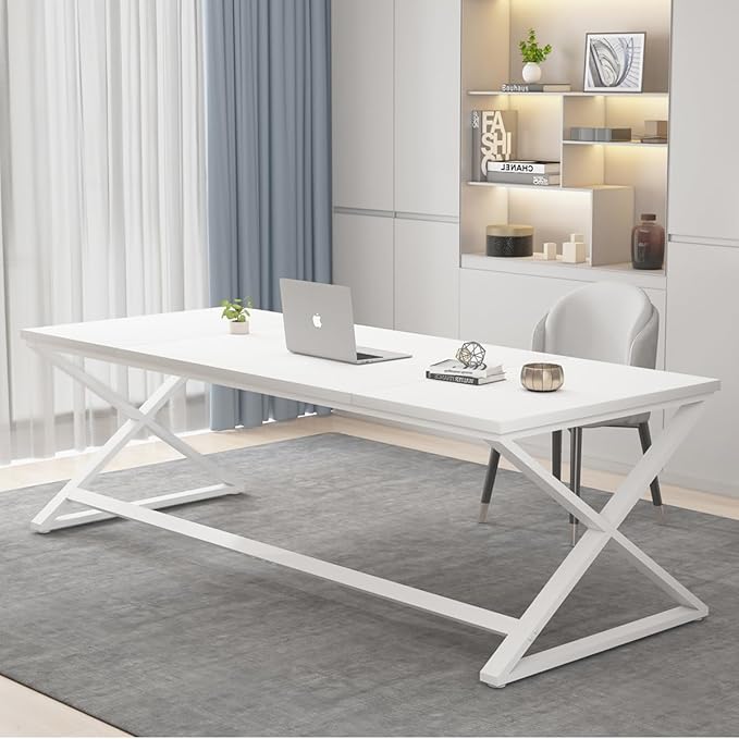 IBF Long White Computer Desk Modern Simple Large Home Office Desk Wood Metal Work Study Writing Table for 2 Monitors Double Pc Gaming Executive Workstation in Bedroom Living Room White Oak70 in