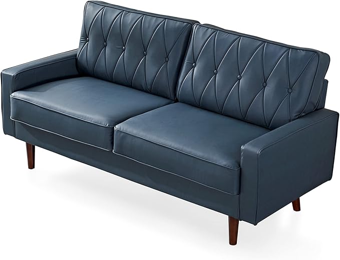 Container Furniture Modern Style Faux Leather Sofa with Elegant Round Tapered Legs and Button Tufted Backrest Perfect for Living Room Bedroom or Home Office 69.3’’ Wide Blue