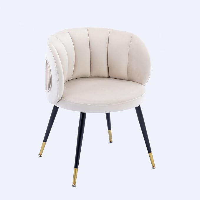 Off-White Velvet Lounge Chair Black Metal feet Unique Back Design Suitable for Office Living Room Bedroom