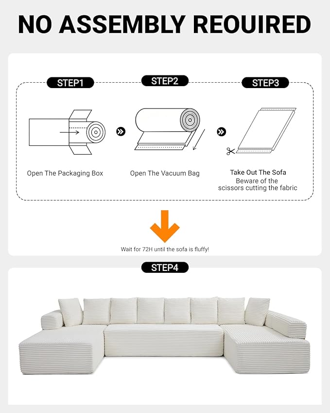 145 Oversized Cloud Boneless Sectional Sofa with Chaise Corduroy U Shaped Modular Couch with Deep Seat Fixed Frame Comfy Corner Sofa No Assembly Required (Beige)