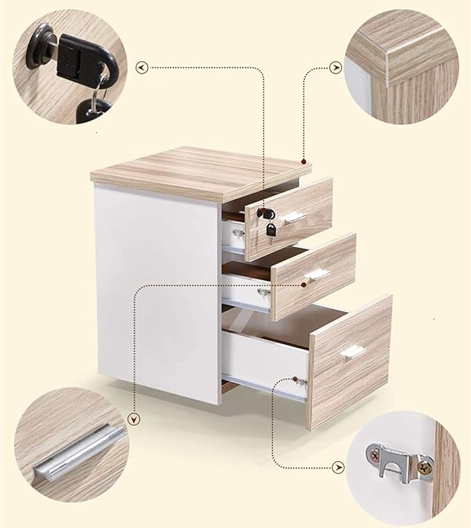 Mobile File Cabinets - Desktop Storage Box with Drawers - Wooden Nightstand Office Document Cabinet Storage Cabinet 3 Drawers and 5 Wheels (D)