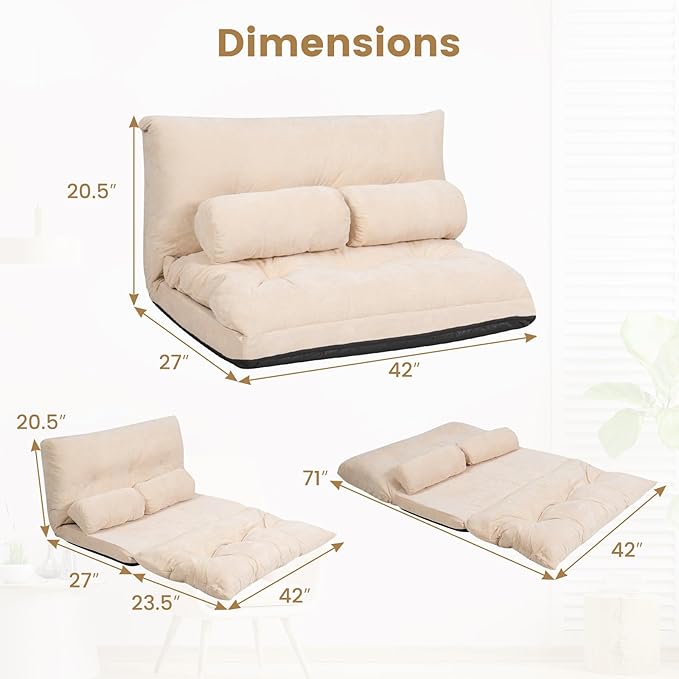 KOMFOTT Foldable Floor Lazy Sofa with 2 Pillows 6-Position Adjustable Reclining Sofa Sleeper Bed Convertible Futon Couch Bed Floor Couch Lounge for Relaxing Reading Playing Gaming (Beige)