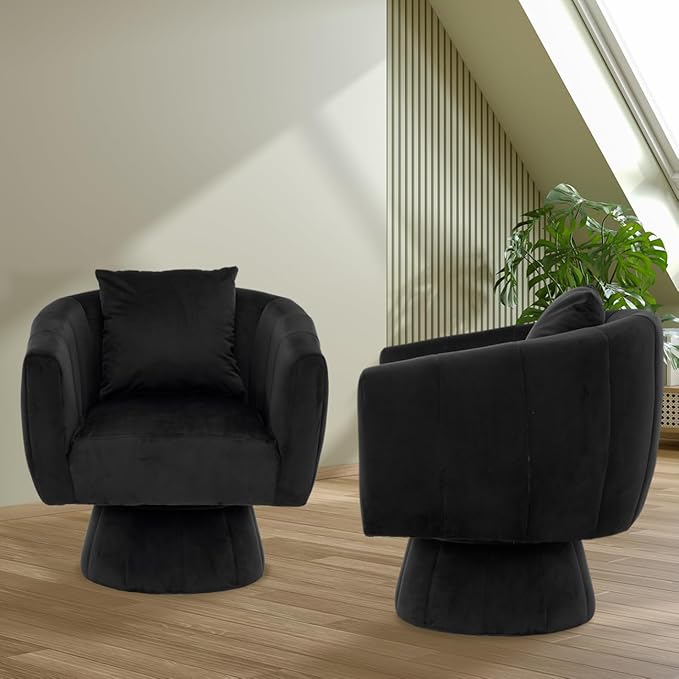 Karl home Swivel Accent Chair Set of 2 Comfy 360° Swivel Barrel Chair Modern Velvet Fabric Living Room Chair with Fluffy CushionsUpholstered Armchair for Living Room/Bedroom/Lounge Black
