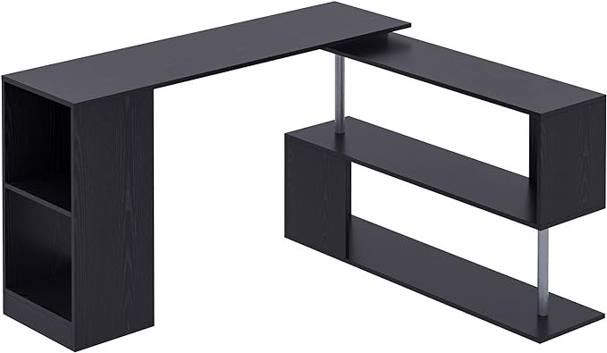 HOMCOM 55 360° Rotating Corner Computer Desk Modern L-Shaped Home Office Workstation with 3-Tier Storage Shelves Bookshelf Black
