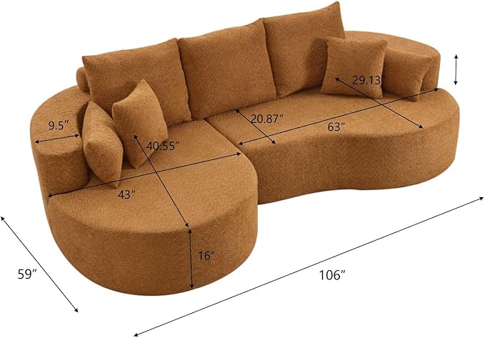 kevinplus 106'' Sectional Curved Sofa Sponge Couch with Chaise Lounge for Living Room L-Shape Modern Sectional Sofa Couch No Wood Structure &amp No Assembly 72 Hour Rebound Orange