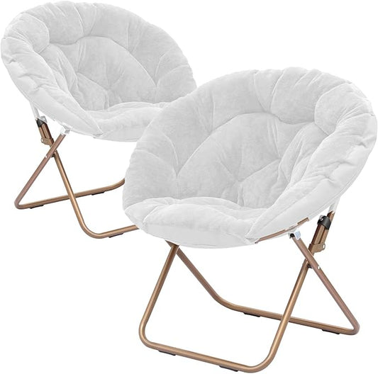 Cozy Saucer Chair Living Room Chair Faux Fur Soft Thick Padded Seat Metal Frame Folding Chair Comfortable Moon Chair for Living Room Bedroom Reading Nook Modern Style 2 Pack White