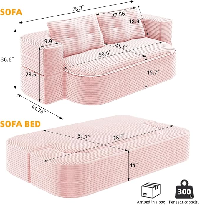 2 in 1 Convertible Compressed Sofa Bed 51.2'' Modern Boneless Loveseat Sleeper in a Box Floor Mattress Futon Couch No Assembly Needed Space Saving Pink 2 Pillows &amp Blanket Full for Home
