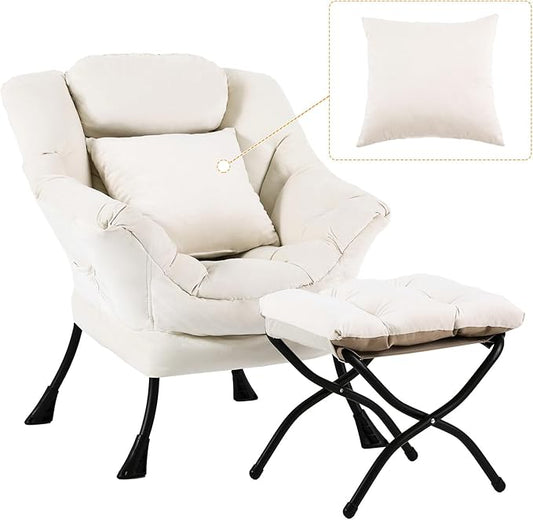 Lazy Chair with Ottoman Comfy Reading Lounge Chair with Footstool &amp Throw Pillow Modern with Armrests &amp Side Pocket for Living Room Bedroom Dorm Room Velvet Beige