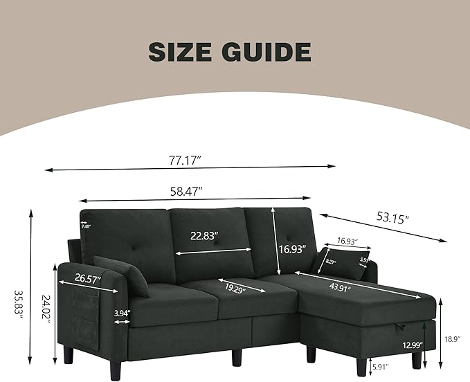 77 Convertible Sectional Sofa Couch Modern 3-Seat L-Shaped Couch with Reversible Ottoman and Storage Pocket Small Sectional Couches for Living Room Apartment and Small Spaces Black