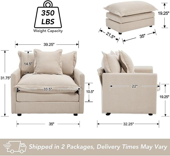chairus Oversized Chair with Ottoman Modern Linen Upholstered Single Sofa Living Room Chair Comfy Reading Accent Chair Armchair Chaise Lounge Chair Indoor for Bedroom Oatmeal Beige