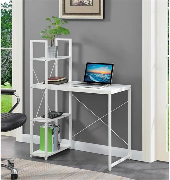 Pemberly Row Home Office Desk 36 x 19.5 x 47.25 in Particleboard &amp Powder-Coated Metal White Wood Finish 4 Shelves Sturdy Workstation for Computer Books Decor Study Workspace