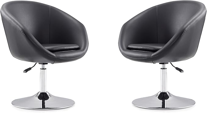 Manhattan Comfort Hopper Adjustable Swivel Accent Chair Set of 2 with 360° Turn Upholstered Seat Polished Chrome Base Modern Bowl Design for Home Office and Living Room Black Faux Leather