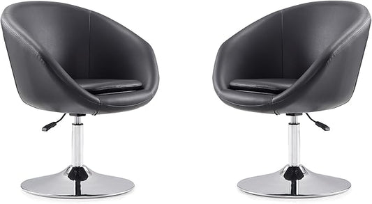 Manhattan Comfort Hopper Adjustable Swivel Accent Chair Set of 2 with 360° Turn Upholstered Seat Polished Chrome Base Modern Bowl Design for Home Office and Living Room Black Faux Leather
