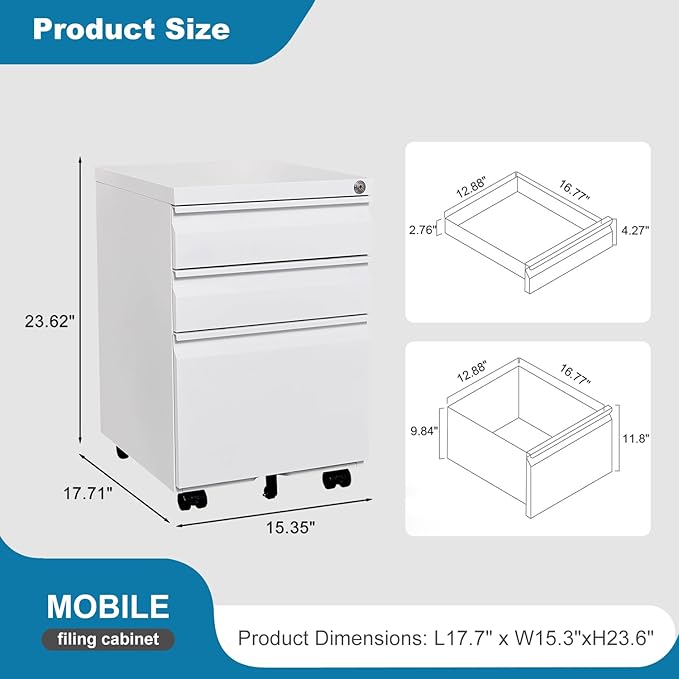 3 Drawer Mobile File Cabinet Under Desk Office with Lock Metal Filing Cabinet to be Installation Required Under Desk Metal Filing Cabinets Legal/Letter/A4 File (White)