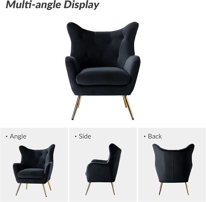 HULALA HOME Velvet Accent Chair Set of 2 Modern Wingback Arm Chair with Metal Gold Legs Velvet Tufted Upholstered for Living Room Bedroom(Black)