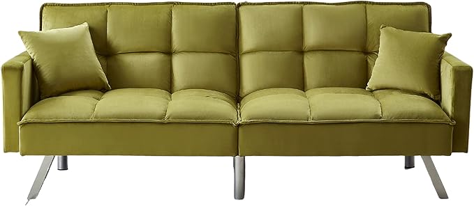 Legend Vansen 80'' Velvet Love seat Convertible Futon Two Pillows Sleeper Couch with 3 Adjustable Backrests Sofa Bed Large Sleeping Area Sofabed Green